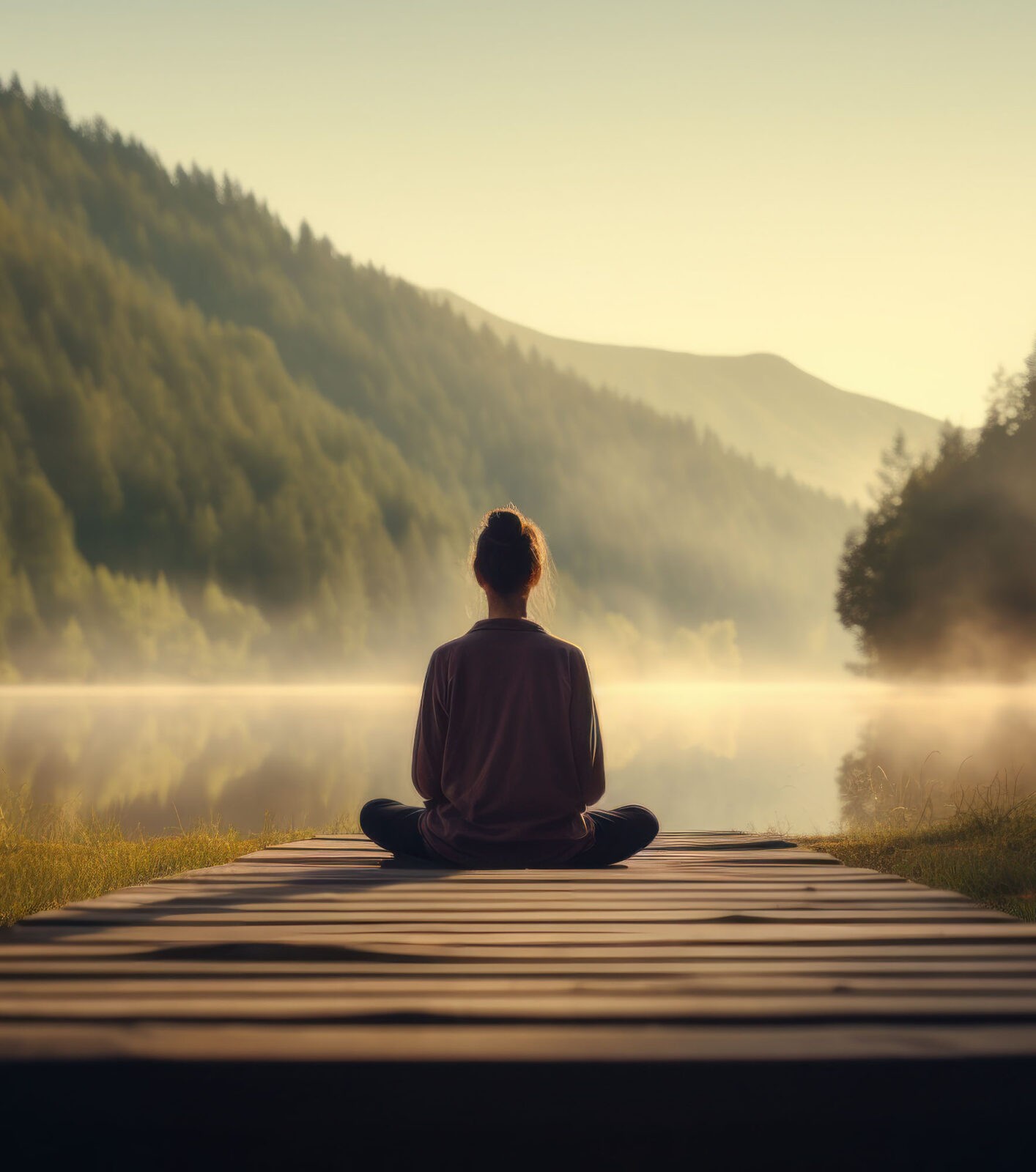 Young woman meditating on a wooden pier on the edge of a lake to